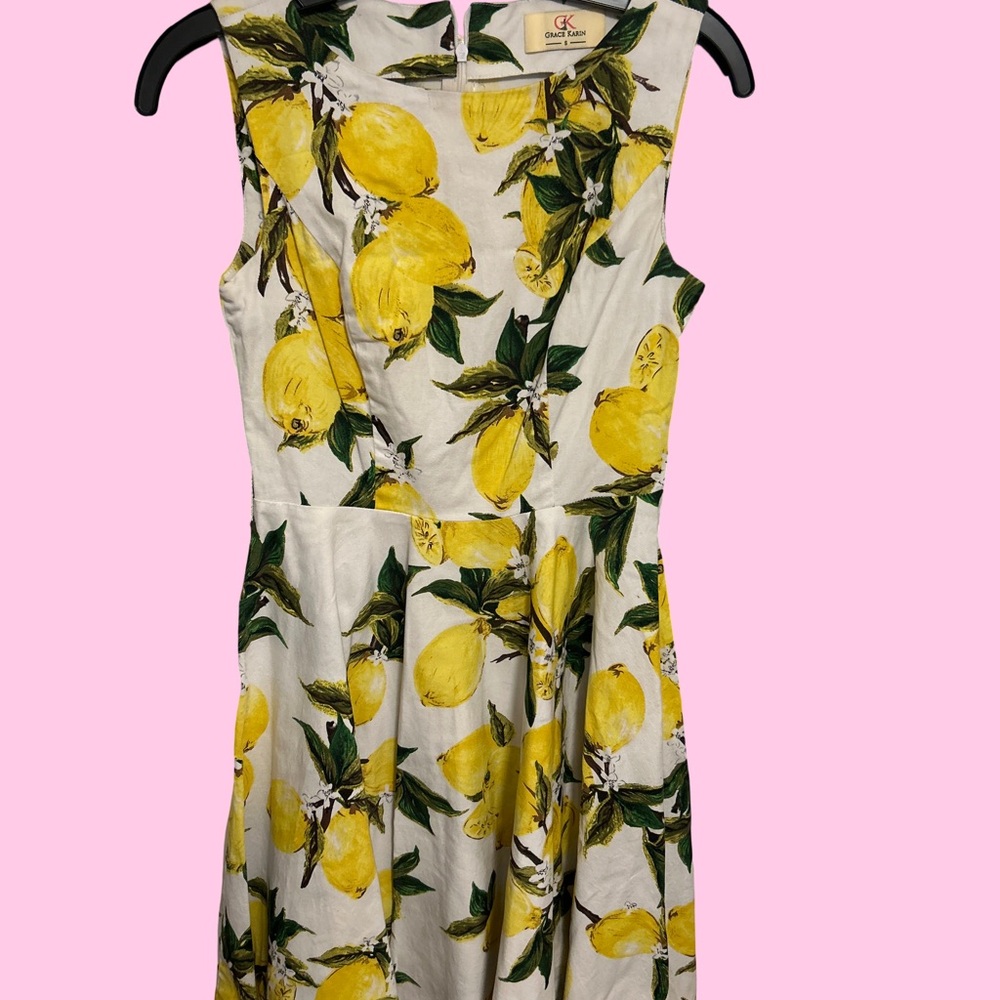 Grace Karin Lemon Print Midi Dress - White and Yellow